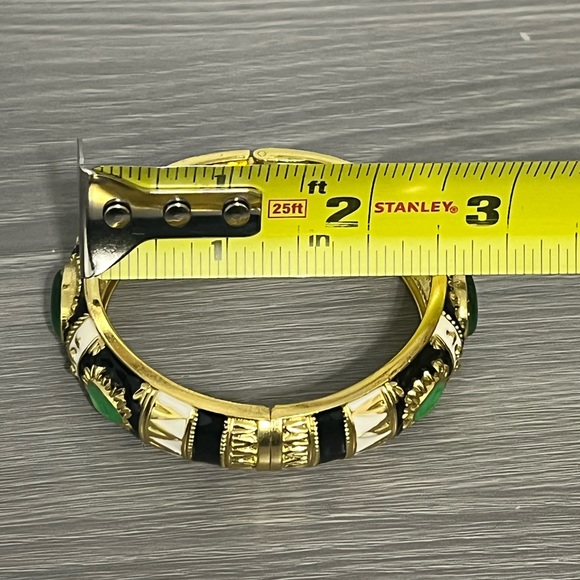 New Gold & Enamel Hinged Bangle Bracelet, Black & White with Green Stones - Picture 6 of 7
